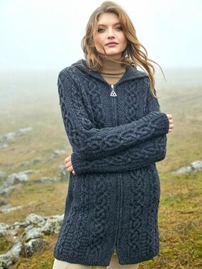 SAOL 100% Merino Wool Navy Cardigan Women Aran Long Cable Knit Goblincore